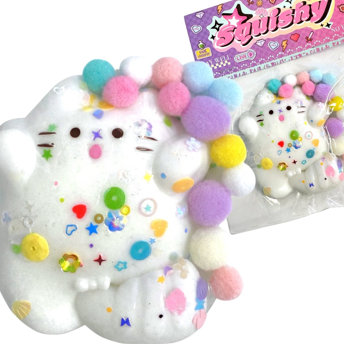 Gniotek antystresowy Squishy Kotek biały z pomponikami 1 szt ...