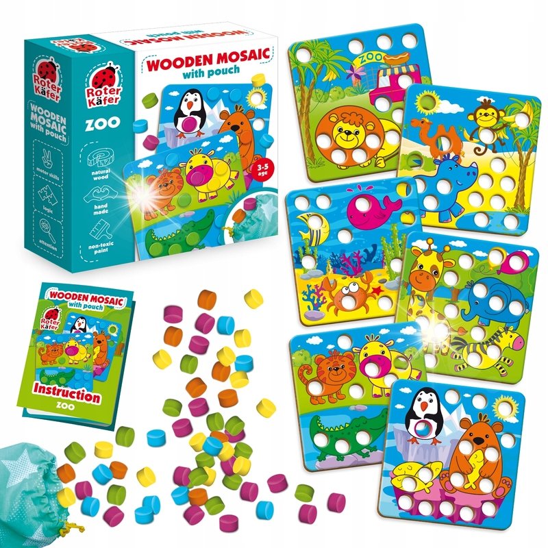 GRA EDUKACYJNA DREWNIANA MOZAIKA ZOO W WORECZKU ZWIERZĘTA ROTER KAFER ...