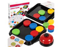 Gra logiczna nauka logicznego myślenia memory układanka edukacyjna dla dzieci 6 plus 2 graczy 40 kart 16 krążków dzwonek rozwój pamięci koncentracji