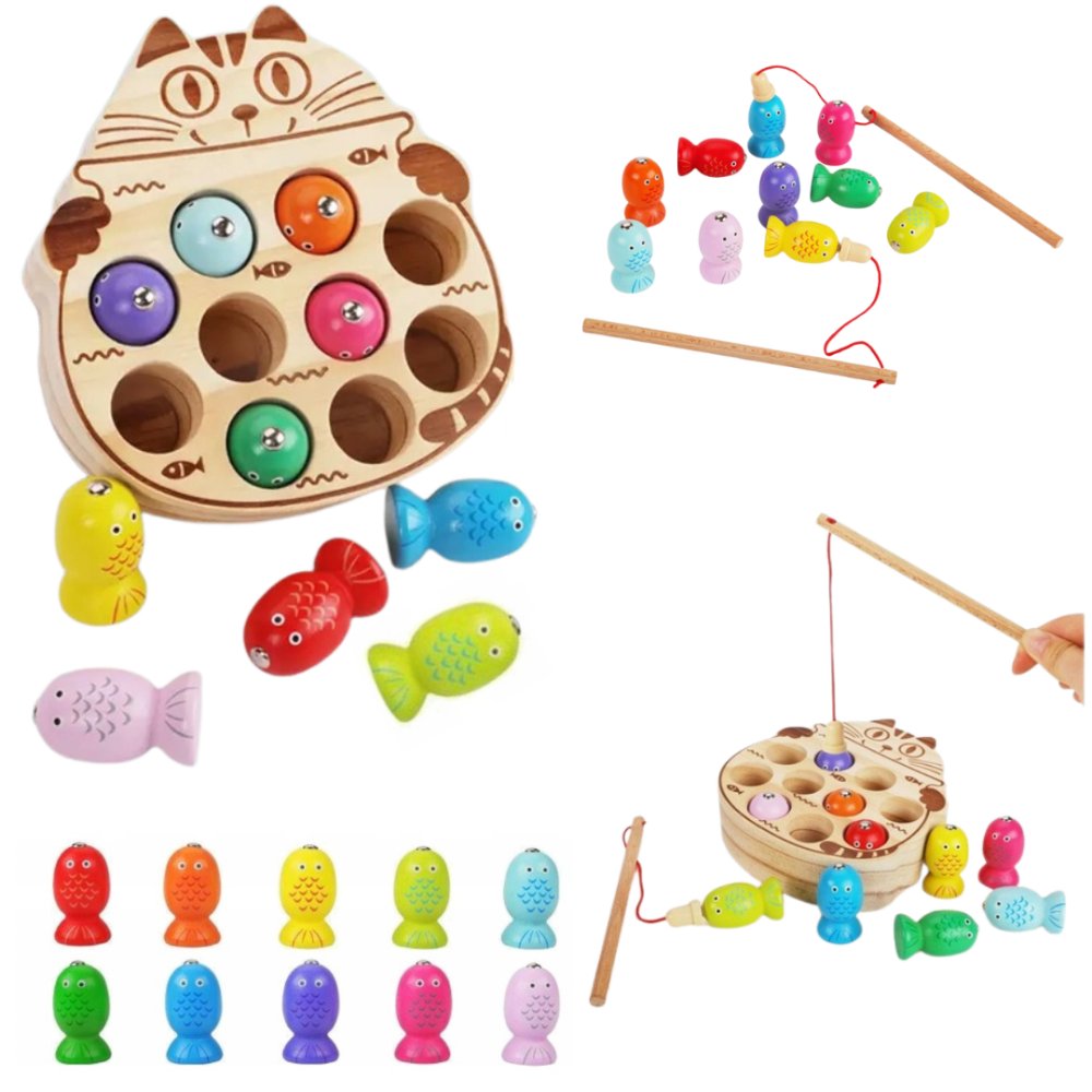 Gra Łowienie Rybek Eko Drewno Montessori Magnetyczna Kolorowe Rybki