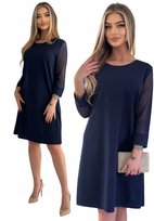 Granatowa Klasyczna Elegancka Wizytowa Sukienka Mini 3/4 Rękaw Rozmiar 42