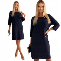 Granatowa Prosta Świecąca Brokatowa Sukienka Mini Sylwester Rozmiar 44