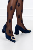 Granatowe czółenka na słupku damskie z ozdobą skórzana wkładka Casu D23WX1-N-35