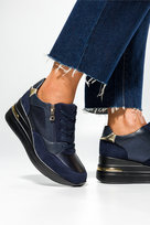 Granatowe półbuty damskie na ozdobnym koturnie sznurowane złote dodatki Casu JW24X17-N-40