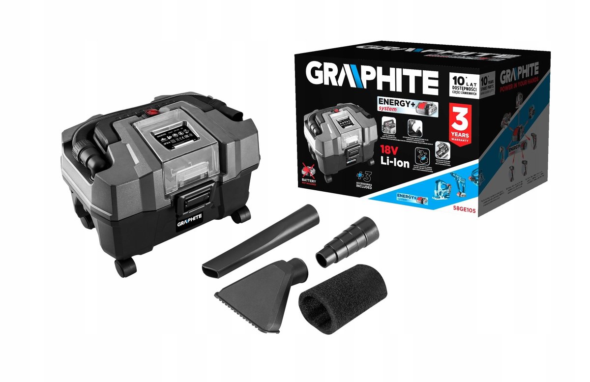 GRAPHITE, Odkurzacz warsztatowy Energy+ 18V, Li-Ion, 10 L, bez akumulatora, 58GE105-Zdjęcie-0