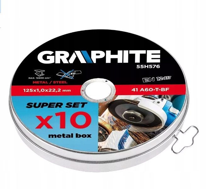 GRAPHITE, Tarcza tnąca do metalu 125 x 1.0 x 22.2 mm, 41 A60-T-BF, 10 szt., 55H576