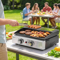 Grill gazowy 5 kW, przenośny grill stołowy z 2 palnikami, ceramiczna powłoka lakiernicza, ruszt grillowy, ruszt do podgrzewania