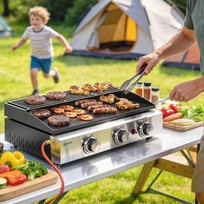 Grill gazowy 7,5 kW, przenośny grill stołowy z 3 palnikami, ceramiczna powłoka lakiernicza, ruszt grillowy, ruszt do podgrzewania