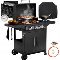 GRILL GAZOWY ogrodowy 3+1 NA KÓŁKACH ŻELIWNY RUSZT +POKROWIEC 11,2kW SZAFKA