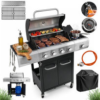 Grill gazowy ogrodowy BERGMANN KJ001 5 palników żeliwny ruszt front stal nierdzewna stolik boczny kosz na butlę + pokrowiec