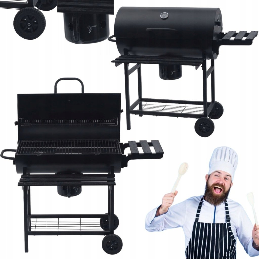 GRILL OGRODOWY WĘGLOWY STALOWY Z POKRYWĄ DUŻY Z PÓŁKAMI POPIELNIK TERMOMETR