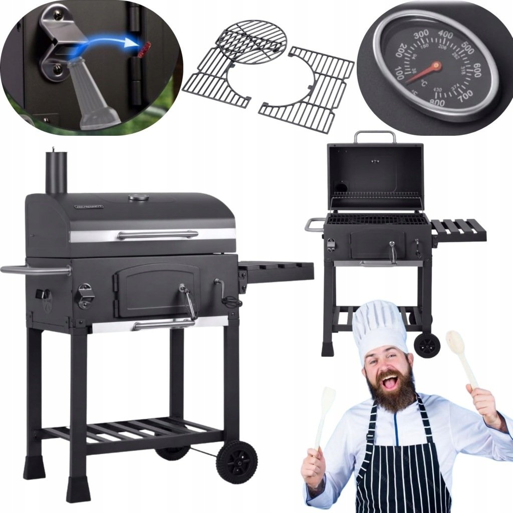 GRILL WĘGLOWY OGRODOWY KOMIN ŻELIWNY RUSZT NA OGRÓD 57x43cm + TERMOMETR
