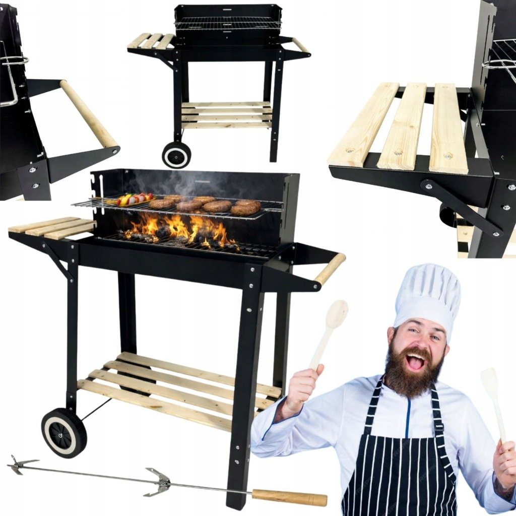 GRILL WĘGLOWY OGRODOWY NA KÓŁKACH Z PÓŁKAMI NA DZIAŁKE KONTRAST 48X26CM