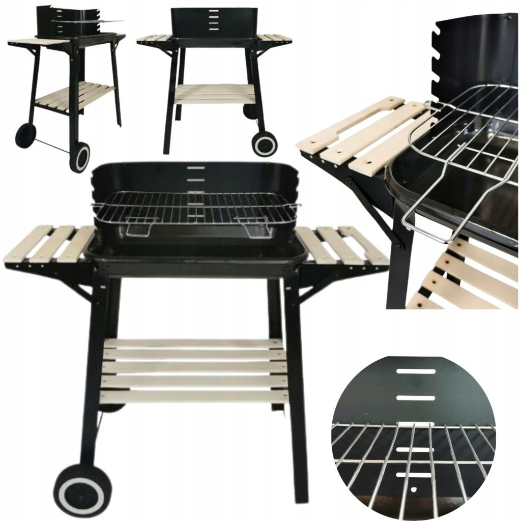 GRILL WĘGLOWY OGRODOWY NA KÓŁKACH Z PÓŁKAMI NA DZIAŁKE MAŁY RUSZT KONTRAST