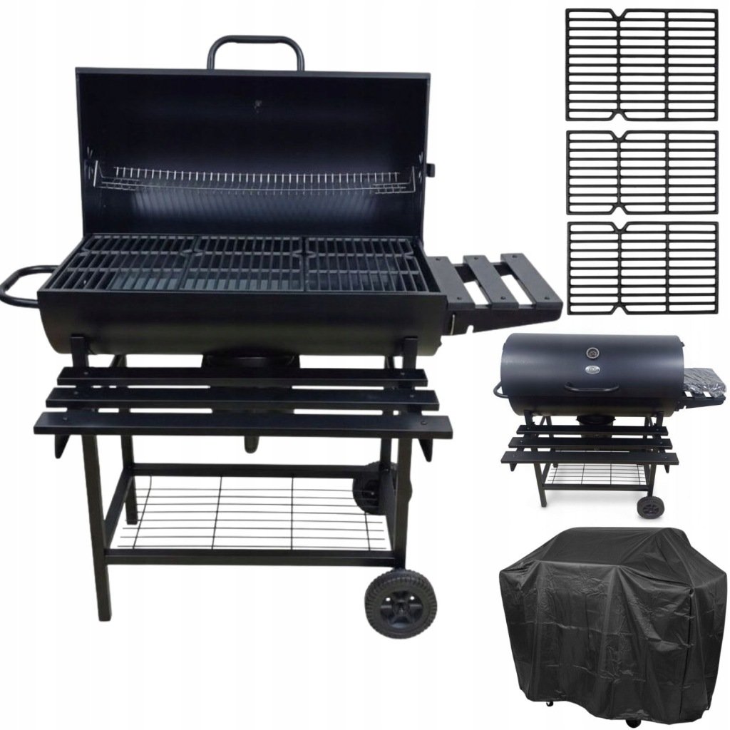 GRILL WĘGLOWY OGRODOWY RUSZT ŻELIWNY Z POKRYWĄ BECZKĄ TERMOMETREM POPIELNIK