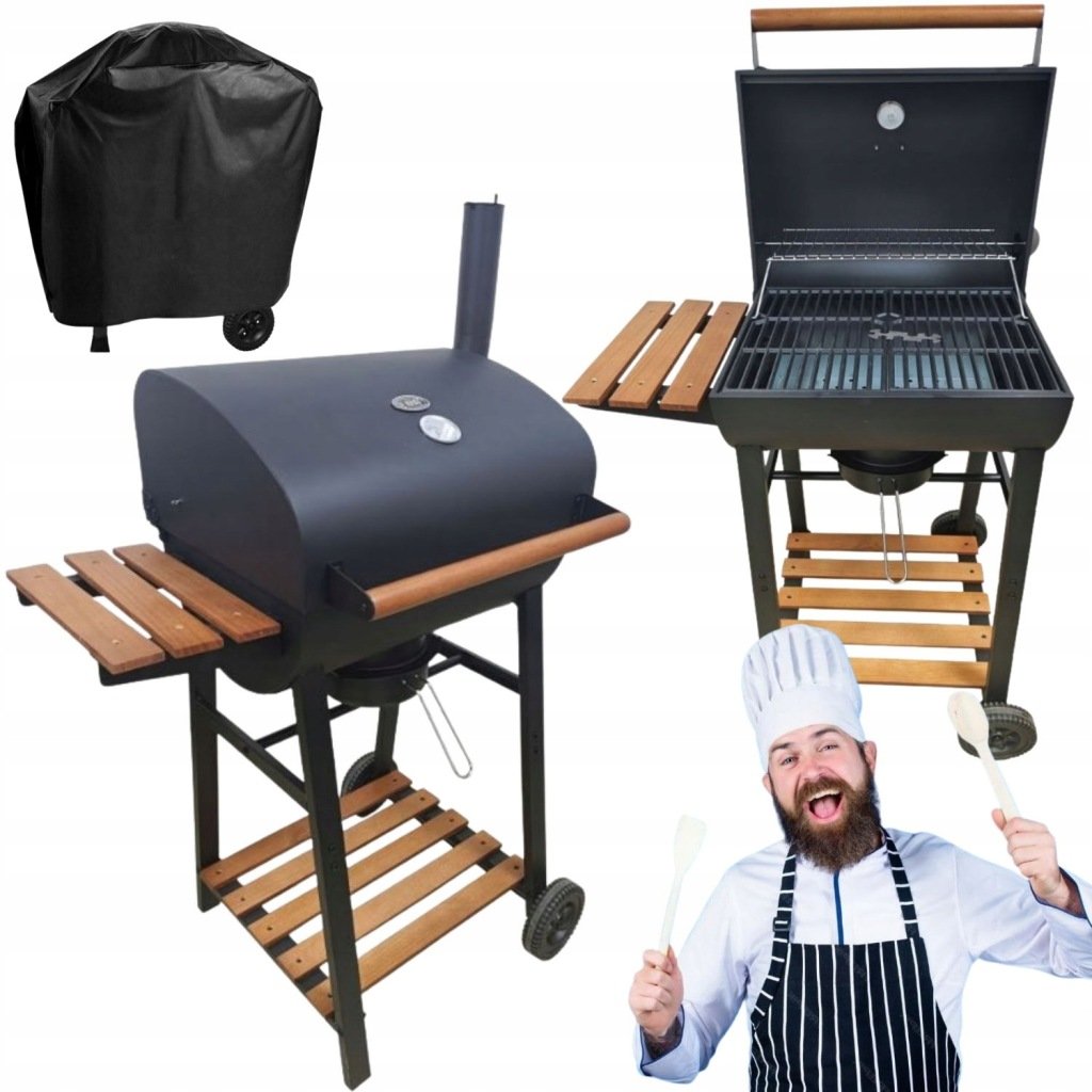 GRILL WĘGLOWY OGRODOWY Z RUSZTEM ŻELIWNYM POPIELNIKIEM ORAZ KOMINEM DREWNO