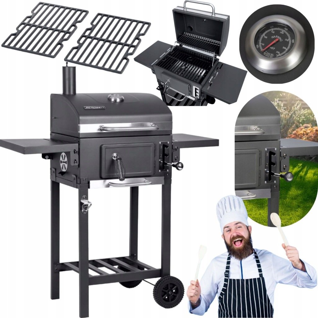 GRILL WĘGLOWY OGRODOWY Z RUSZTEM ŻELIWNYM POPIELNIKIEM ORAZ Z POKRYWĄ
