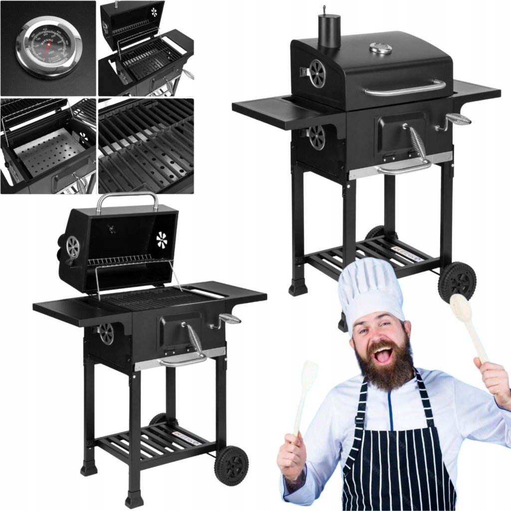 GRILL WĘGLOWY OGRODOWY ŻELIWNY DUŻY RUSZT Z POKRYWĄ POPIELNIK + TERMOMETR