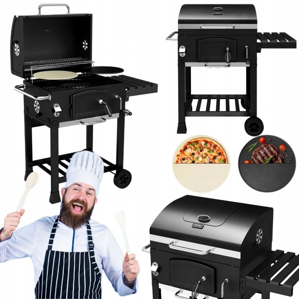 GRILL WĘGLOWY OGRODOWY ŻELIWNY RUSZT PŁYTA KAMIEŃ DO PIZZY POKRYWA DUŻY