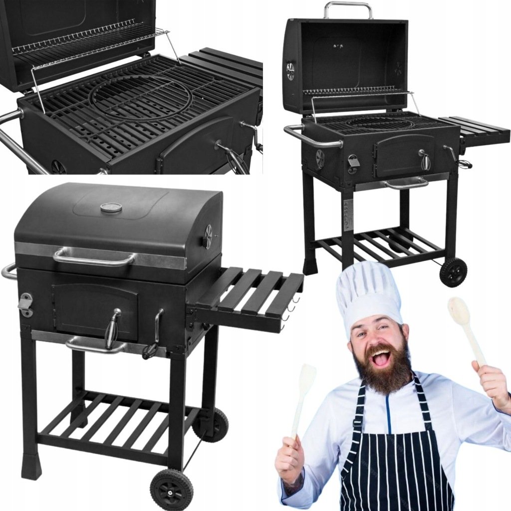 GRILL WĘGLOWY OGRODOWY ŻELIWNY RUSZT Z POKRYWĄ DUŻY 42X57,5CM REGULOWANY