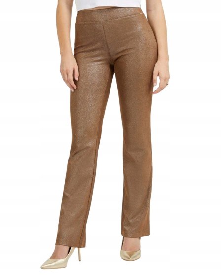 GUESS GUESS BRĄZOWE SPODNIE CASUAL Z BŁYSZCZĄCYM WYKOŃCZENIEM XS 2CC