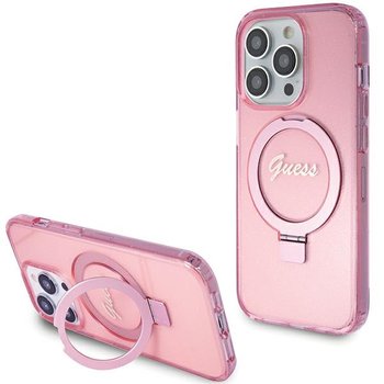Guess Etui Obudowa Z Podstawką Pokrowiec Do Iphone 15 Pro Max 6.7" Różowy/Pink Hardcase Ring Stand Script Glitter Magsafe - GUESS