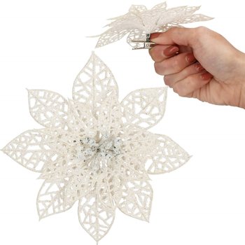 Gwiazda betlejemska biała z brokatem ażurowa na klipsie poinsecja sztuczny kwiat - Springos