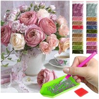 Haft Diamentowy ARTULIO, Obraz DIY 5D, Diamond Painting, Mozaika diamentowa 30x40cm (Bukiet pudrowych róż) + zestaw akcesoriów