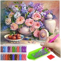 Haft Diamentowy ARTULIO, Obraz DIY 5D, Diamond Painting, Mozaika diamentowa 30x40cm (Rustykalny stół z kwiatami w wazonie) + zestaw akcesoriów