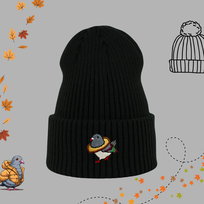 Haftowana czapka beanie - GOŁĄB Z CHLEBEM - czarna