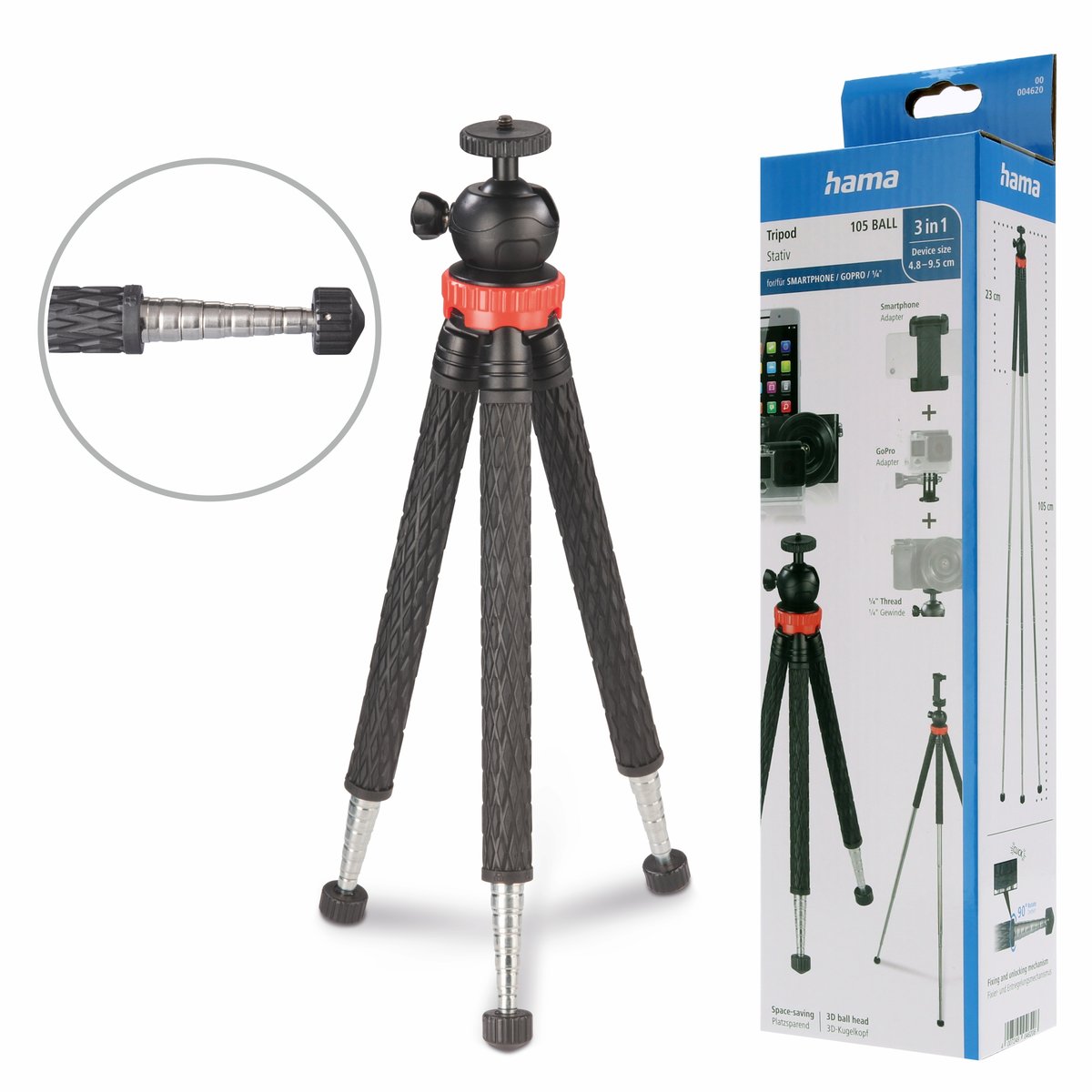 Hama lekki statyw foto tripod do telefonu aparatu gopro głowica kulowa 1/4'
