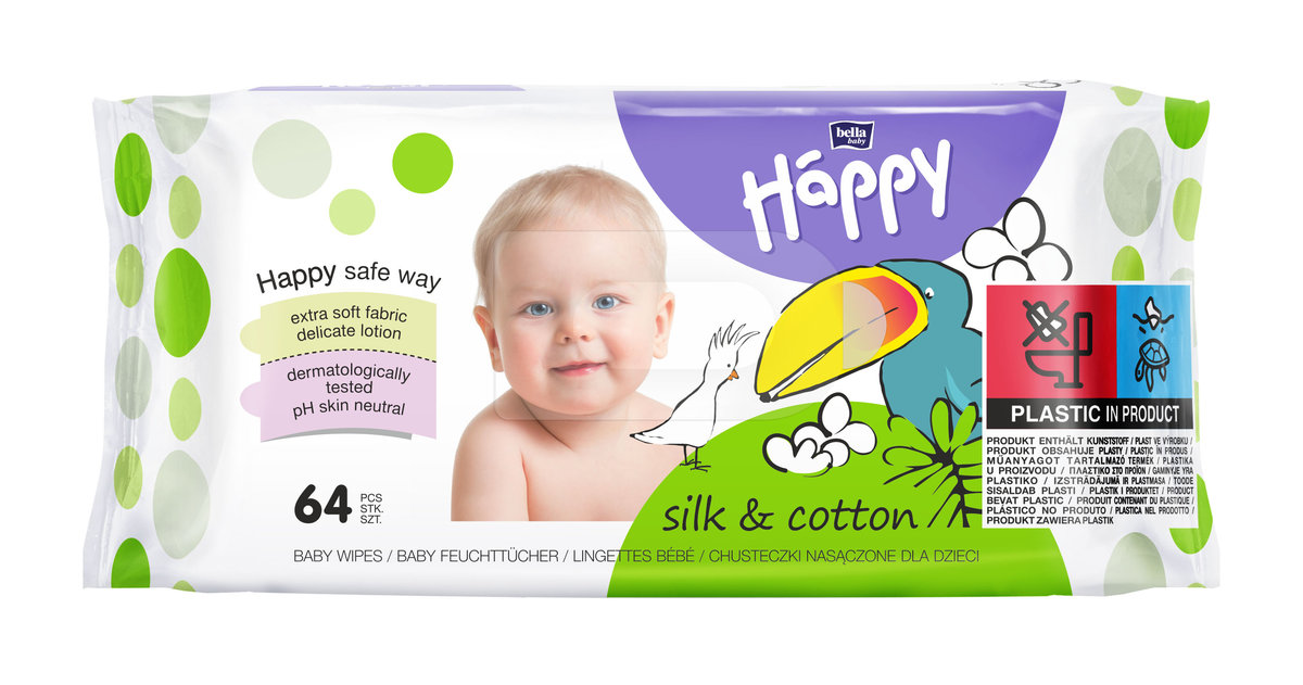 Zdjęcia - Środki higieniczne Bella Baby Happy Happy, Chusteczki nasączane, jedwab i bawełna, 64 szt. 