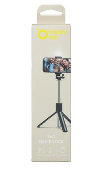 HappyDot Selfie stick 3w1 ze statywem, lampą LED i pilotem, czarny - TelForceOne