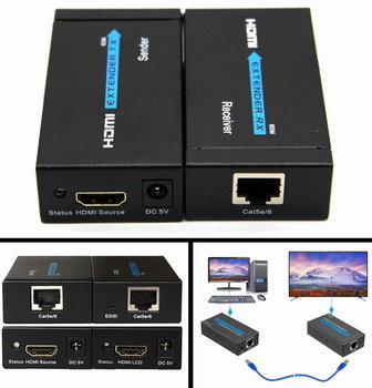 HDMI Extender 60m RX TX przedłużacz LAN RJ-45 CAT5E/6 - Inny producent
