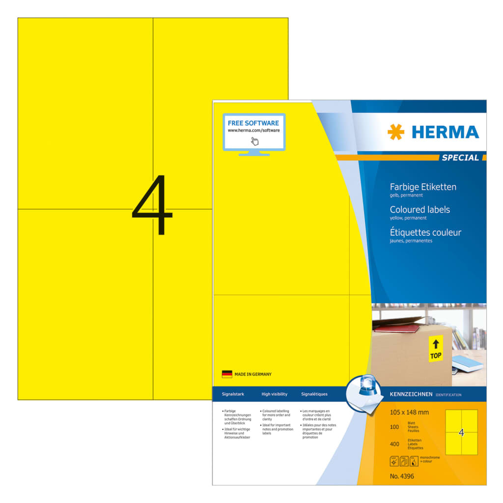 HERMA Samoprzylepne Etykiety, 105x148 Mm, 100 Arkuszy A4, żółte - Herma ...