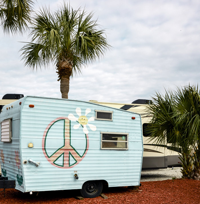 Hippie recreational vehicle at the entrance of the Gander RV Sales in