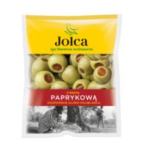 Hiszpańskie oliwki zielone nadziewane pastą paprykową saszetka 110g Jolca
