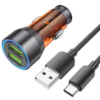 HOCO ładowarka samochodowa 2 x USB QC 3.0 18W + kabel USB do Typ C NZ12 transpatentny pomarańczowy - Hoco