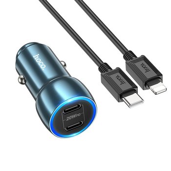 HOCO ładowarka samochodowa 2x Typ C + kabel Typ C do iPhone Lightning 8-pin PD 40W Z48 niebieski - Hoco