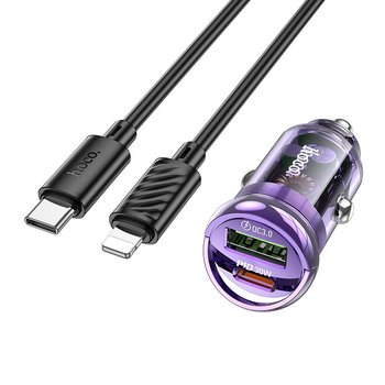 HOCO ładowarka samochodowa USB QC 3.0 + Typ C + kabel Typ C do Apple Lightning 8-pin PD 30W Z53A fioletowa - Hoco