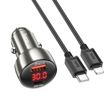 HOCO ładowarka samochodowa USB QC 3.0 + Typ C + kabel Typ C do Apple Lightning 8-pin PD 48W Leader Z50 metal szary - Hoco