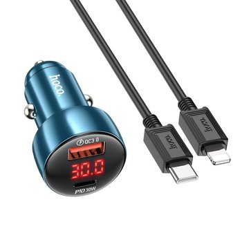 HOCO ładowarka samochodowa USB QC 3.0 + Typ C + kabel Typ C do Apple Lightning 8-pin PD 48W Leader Z50 niebieska - Hoco