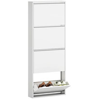 HOMCOM Metalowa szafka na buty z 4 drzwiami, półka na buty, wąska skrzynia na buty, półka na buty, montowana na ścianie na 8 par butów, 55 x 15 x 139,5 cm, biała