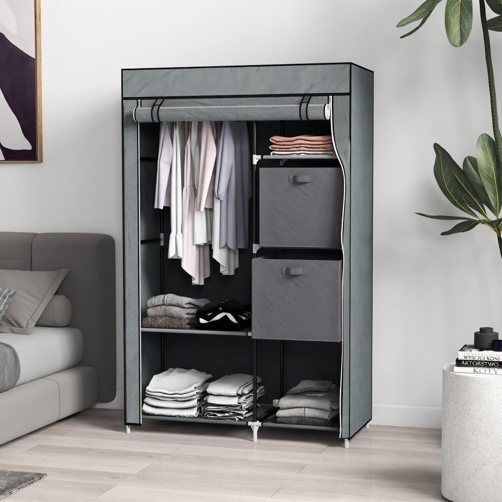 Yulinland Yulinland Homcom Szafa Materiałowa, Przenośna Szafa, Jednostka Do Przechowywania Ubrań Z 5 Przegródkami, Drążkiem Na Ubrania I 2 Szufladami Materiałowymi, 102..