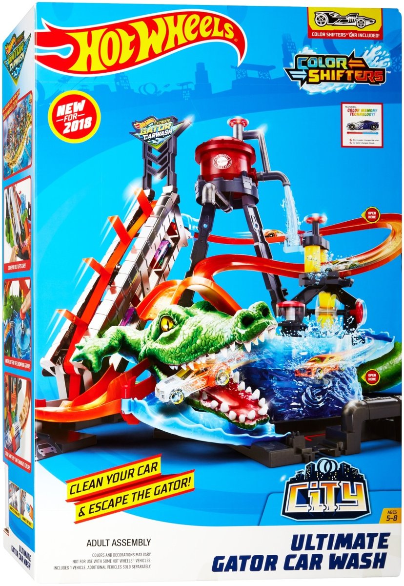 Hot Wheels City Mega Myjnia samochodowa Atak krokodyla, Tor samochodowy, Zmiana koloru + 1 samochód Color Shifters, dla dzieci 5+ FTB67