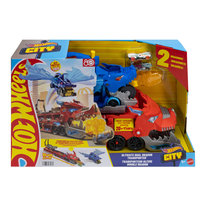 Hot Wheels City, Transporter Podwójny smok Tor i zestaw 2 w 1 + 2 samochody w skali 1:64, Zabawka dla dzieci 4+ JBM72
