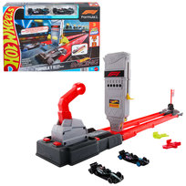 Hot Wheels Racing Formuła 1 Szybki wyścig Tor rajdowy + 2 samochody bolidy F1 w skali 1:64, dla dzieci 3+ i fanów JKM88