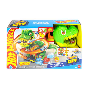 Hot Wheels, Zakręcony tor Remiza T-rexa, Tor wyścigowy Zestaw 4+ JBM73 - Hot Wheels