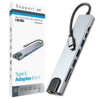 HUB adapter rozdzielacz USB-C do laptopa 8w1 USB 3.0 HDMI 4K LAN aluminiowy 100W
