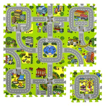 Humbi Mata edukacyjna Grube Puzzle piankowe 31,5 x 31,5 x 1 cm 9 elementów Kolorowe Ulice Miasto Uliczki Budynki Domy Domki - Humbi